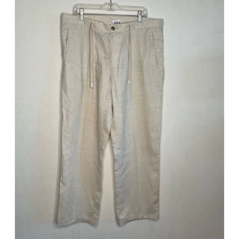 TASSO ELBA‎ Island Pants Men 36x32 Beige 100% Linen Drawstring Trousers Beach
